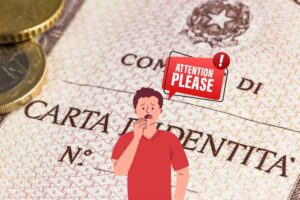 carta identità italiana, grafica persona preoccupata, messaggio attention please